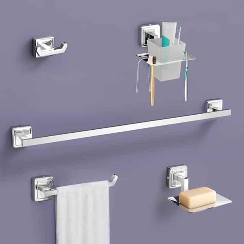 Plantex Decan Stainless Steel 304 Chrome Towel Rod, Robe Hook, Napkin Ring, Soap & Tumbler Holder Set for Bathroom