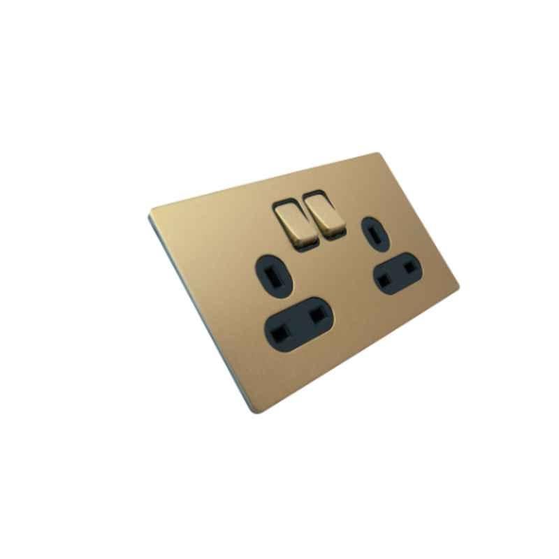 RR Vivan Metallic 13A Brushed Gold Twin Outlet Switched Socket with Black Insert, VN6662M-B-BG
