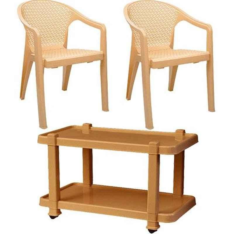Italica 2 Pcs Polypropylene Marble Beige Oxy Arm Chair & Marble Beige Table with Wheels Set, 5202-2/9509