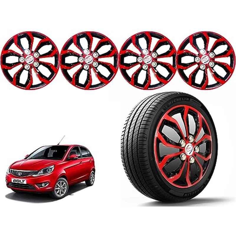 Auto Pearl 4 Pcs 14 inch Polypropylene Red & Black Press Type Car Wheel Cover Set with Retention Ring for Tata Bolt Except XB, XE & XM