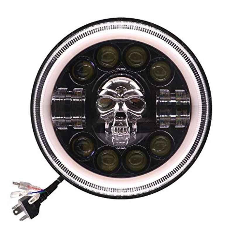 AllExtreme Ex7Isk1 7 inch Full Ring Round White Led Skull Designed Headlight With Hi/Low Beam With Angel Eye Lamp Compatible With Royal Enfield Bullet, Harley Davidson Jeep Wrangler (75W)