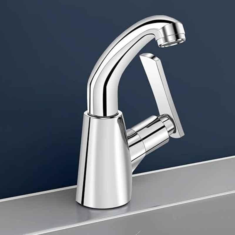 Plantex Pure Brass Silver Chrome High Neck Pillar Cock Water Tap with Teflon Tape/360 Degree Swivel Spout/Single Lever Tabletop Basin Sink Cock, APS-3503