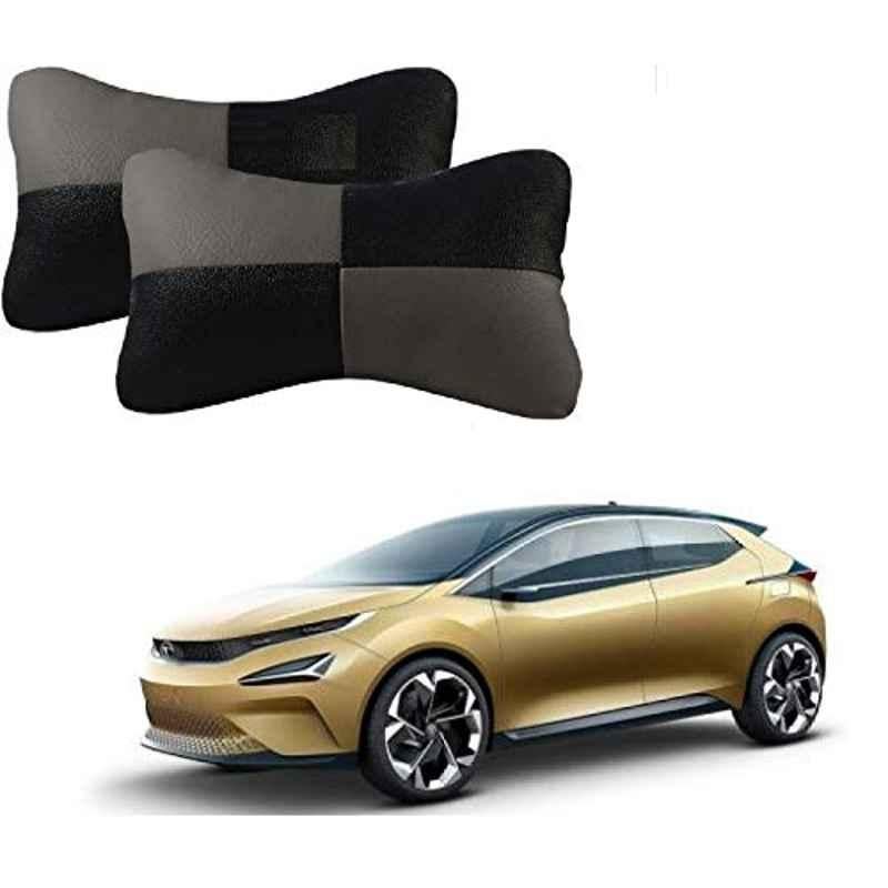 Kozdiko 2 Pcs Leather Grey & Black Neck Rest Car Cushion Pillow Set for Tata 45X