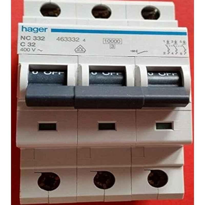 Hager 32A 10kA 3 Pole Standard Miniature Circuit Breaker, NC332A