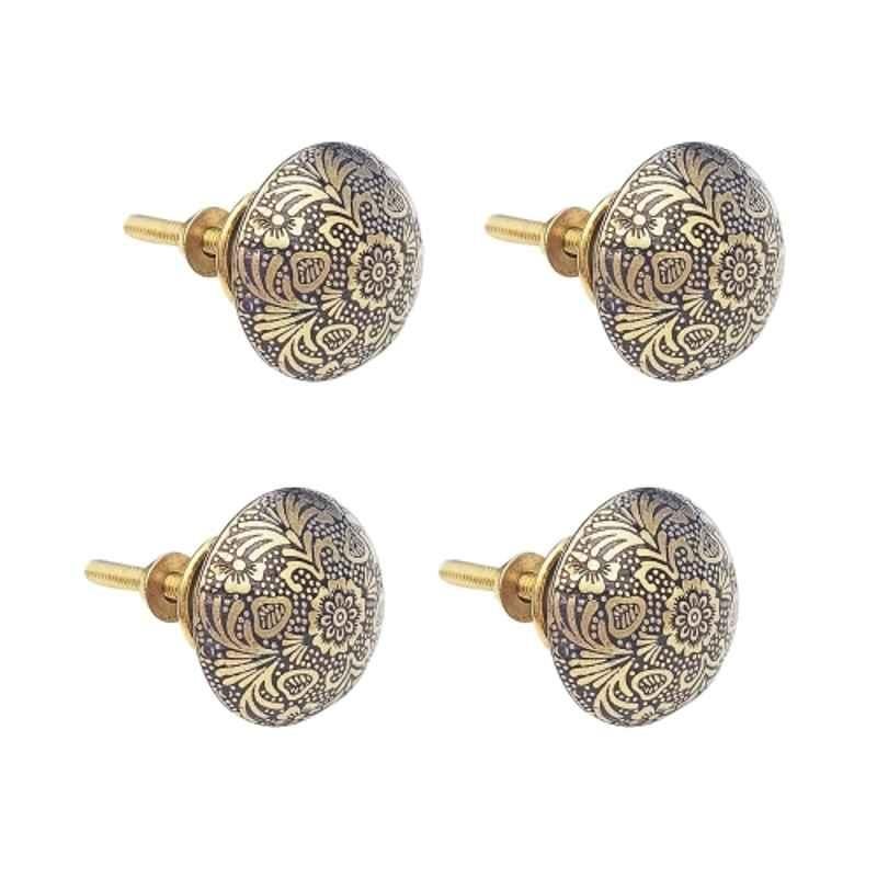 Mix & Match BFloral 35mm Brass Gold Handcrafted Round Cabinet Knob with Antique Finish (Pack of 4)