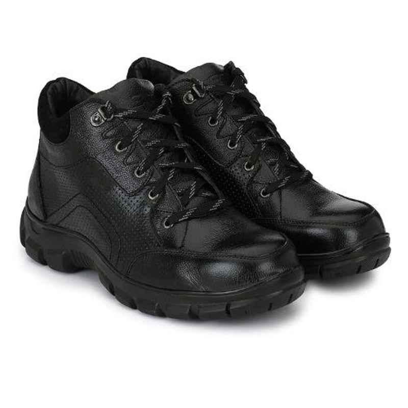 Wonker SR-6406 Leather Steel Toe Black Safety Shoes, Size: 10