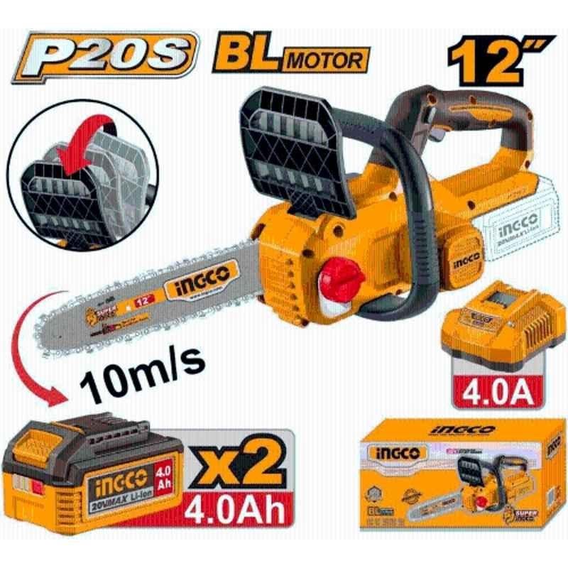 Ingco 12 inch 20V 4Ah Brushless Cordless Chain Saw with 2 Pcs Li-ion Battery & 1 Pc Charger