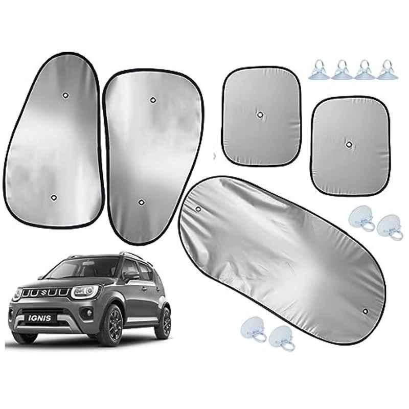 Auto Pearl 5 Pcs Polyester Black & Silver Window & Rear Sun Shade Set for Maruti Suzuki Ignis 2020-2022