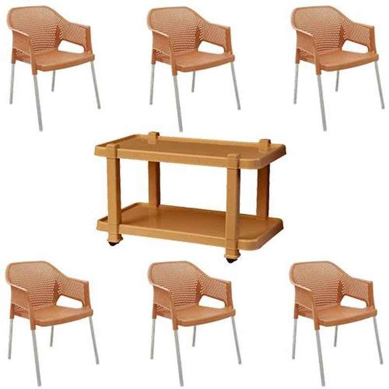 Italica 6 Pcs Polypropylene Camel Plasteel Arm Chair & Marble Beige Table with Wheels Set, 1209-6/9509