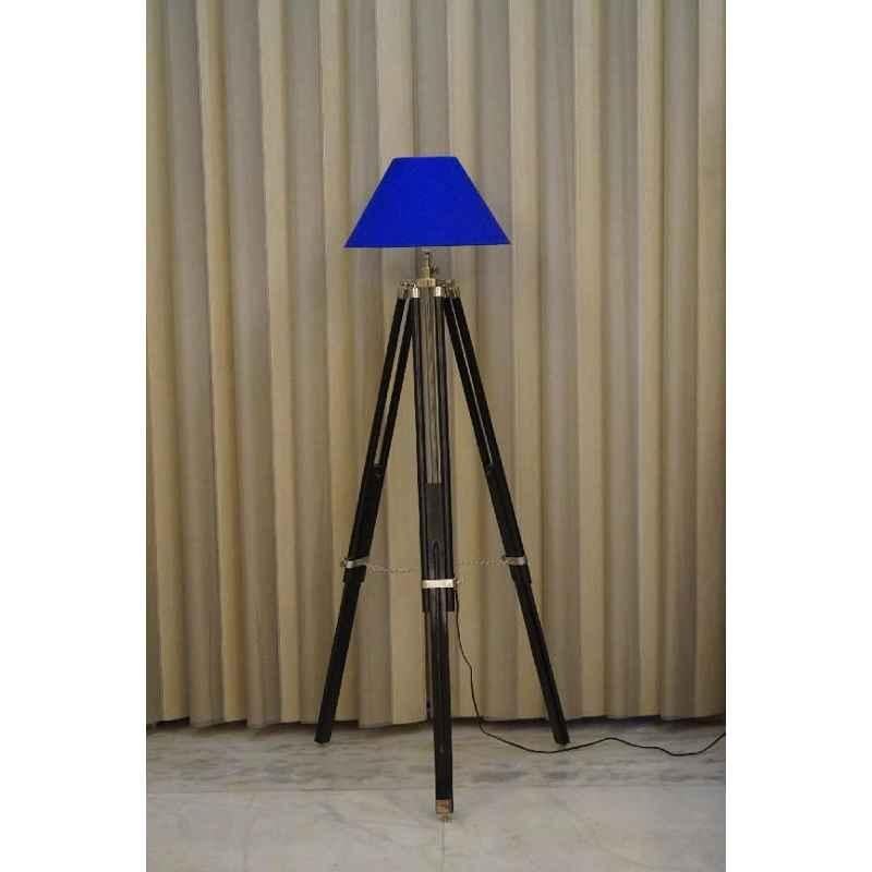 Tucasa Mango Wood Black Tripod Floor Lamp with Polycotton Blue Shade, P-109
