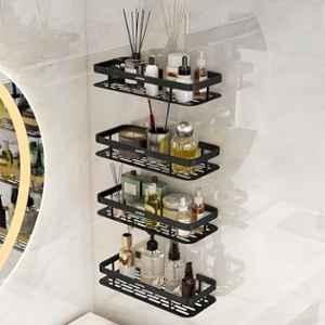 Plantex Self Adhesive Bathroom Shelf for Wall/Stainless Steel Rack with Aluminium Railing & Magic Stickers/Bathroom Organiser - Pack of 4 (12x5 inches, Black)