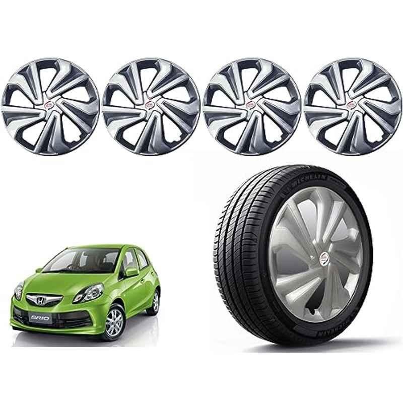 Auto Pearl 4 Pcs 14 inch Polypropylene Silver Press Type Car Wheel Cover Set with Retention Ring for Honda Brio, 14WC_Tiago_Silver_Brio