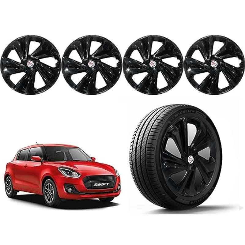 Auto Pearl 4 Pcs 14 inch Polypropylene Black Press Type Car Wheel Cover Set with Retention Ring for Maruti Suzuki Swift 2018-2022, 14WC_Tiago_Black_Swift2018_2022