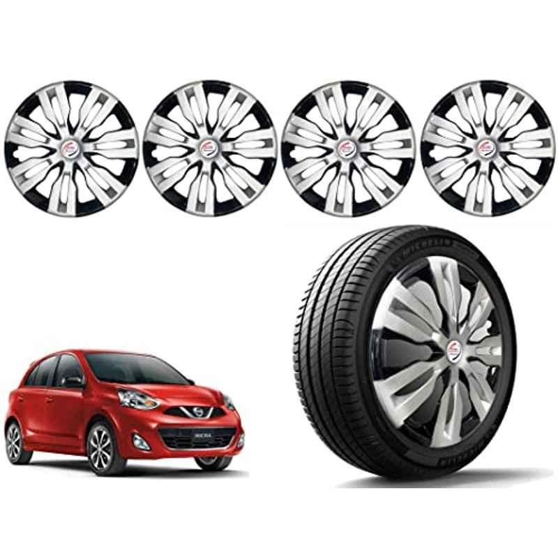 Auto Pearl 4 Pcs 14 inch Polypropylene Silver & Black Press Type Car Wheel Cover Set with Retention Ring for Nissan Micra 2015, 14WC_DzireT2_DC_Micra2015model