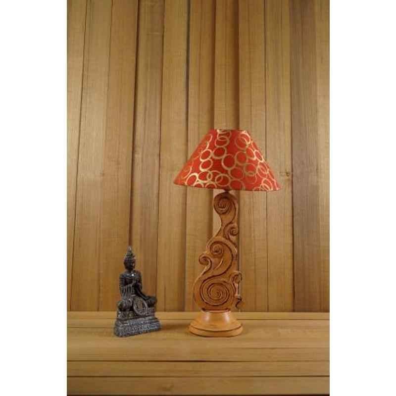 Tucasa Mango Wood Orange Carving Table Lamp with 10 inch Polycotton Red Circle Pyramid Shade, WL-87