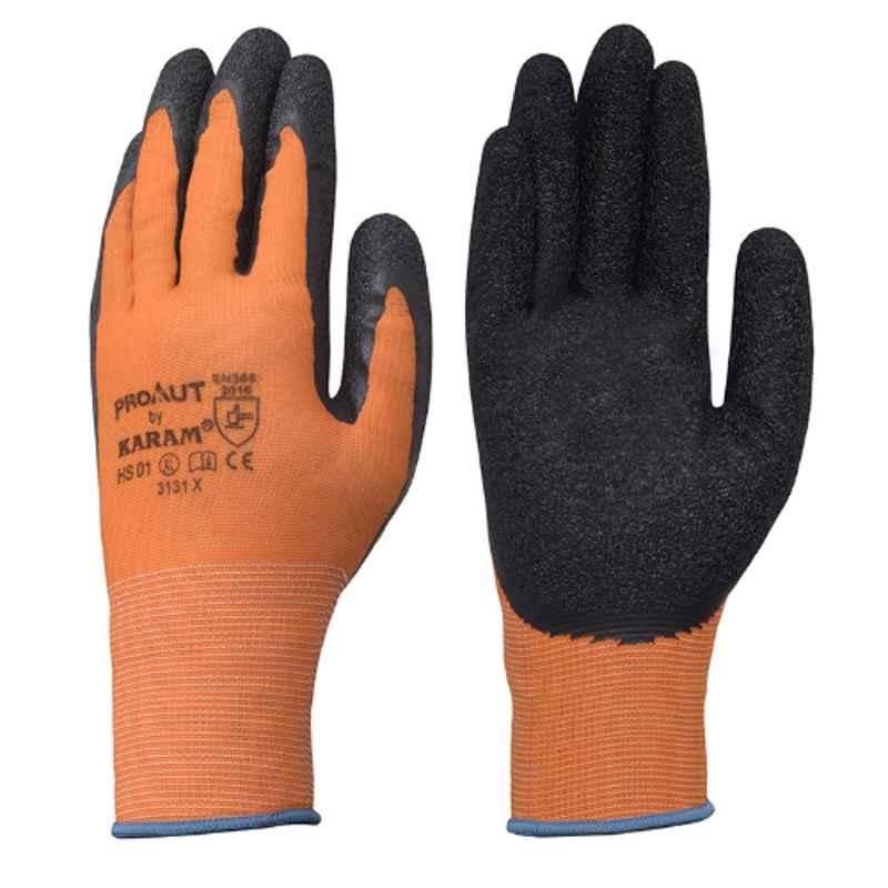 Karam HS01 Orange Polyester Liner Gloves with Black Crinkle Latex Size: L