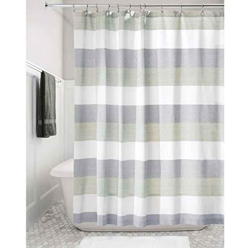 iDesign 72x72 inch Cotton Navy Sage Wide Multi Stripe Shower Curtain, 73622