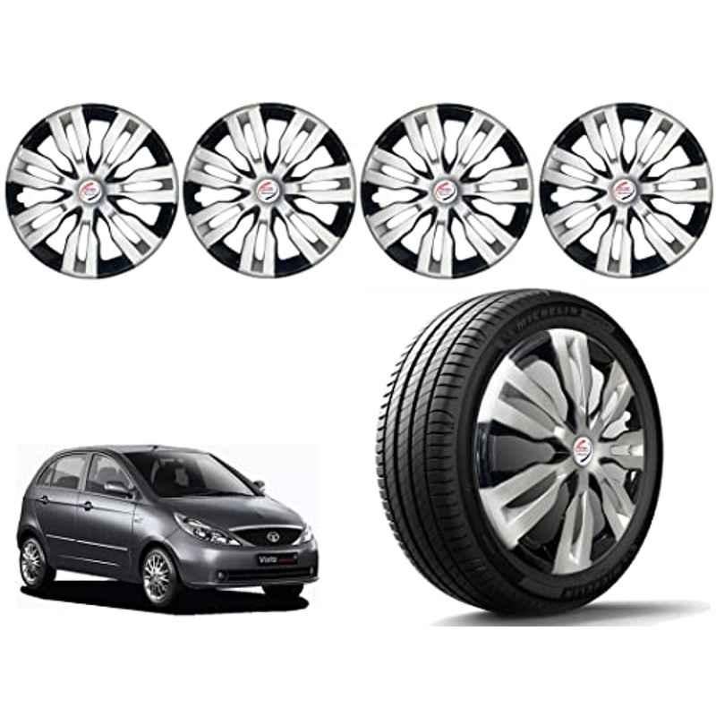 Auto Pearl 4 Pcs 14 inch Polypropylene Silver & Black Press Type Car Wheel Cover Set with Retention Ring for Tata Indica Vista 2008, 14WC_Dzire2017_DC_IndicaVista2008