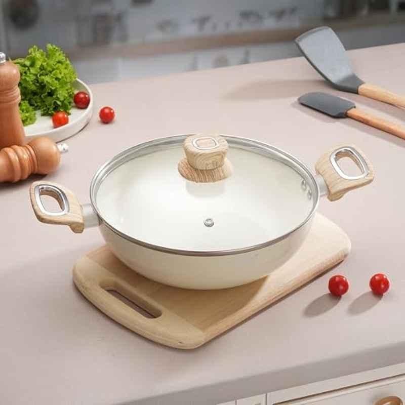 Cookaid Velora 2 Litre Aluminium Cream Ceramic Coated Kadhai with Glass Lid, CKD-CC-K22-25