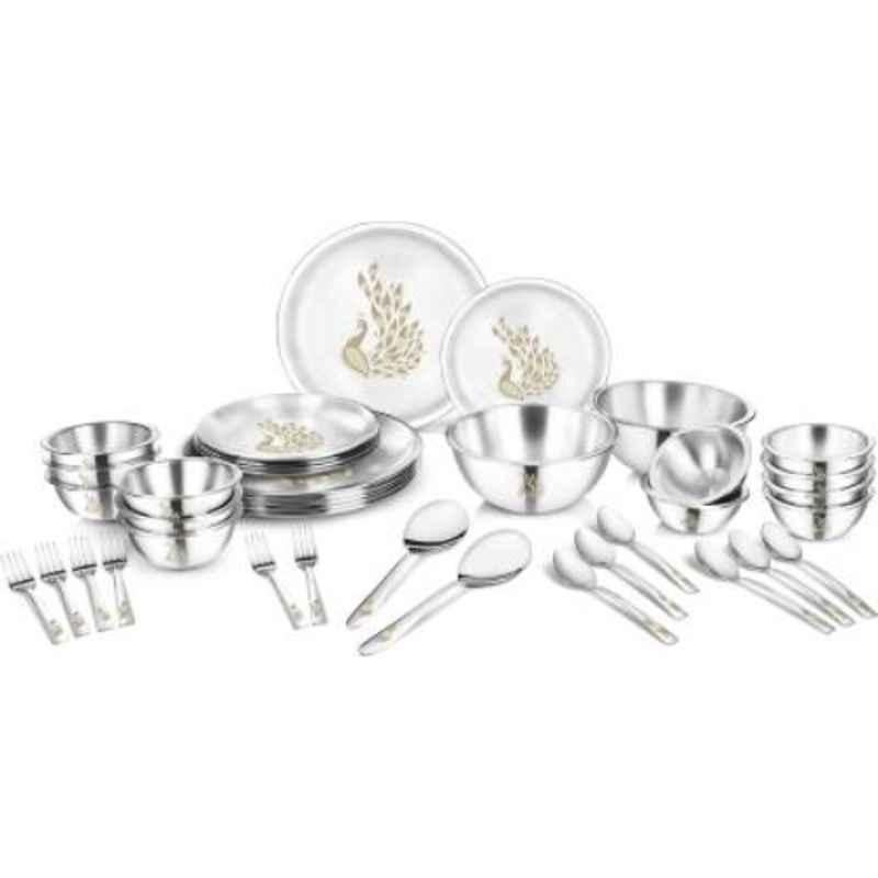 Classic Essentials 40DS-Doublewall-Peacock 40 Pcs Silver Stainless Steel Elegent Double Walled Dinner Set with Permanent Design