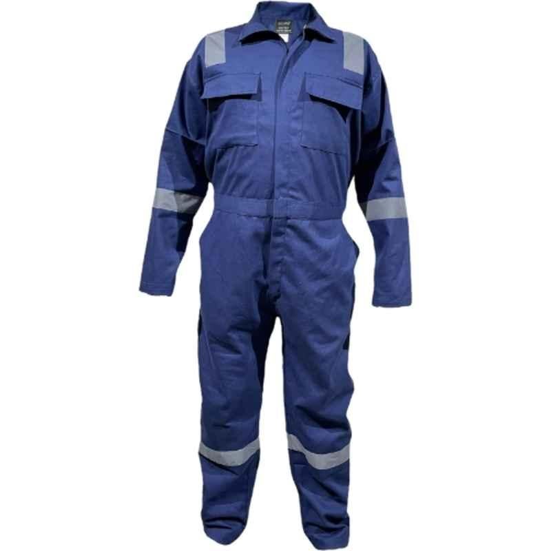 Sicuro Cotton Navy Blue Full Sleeves Safety Coverall with Reflective Strip, Size: L