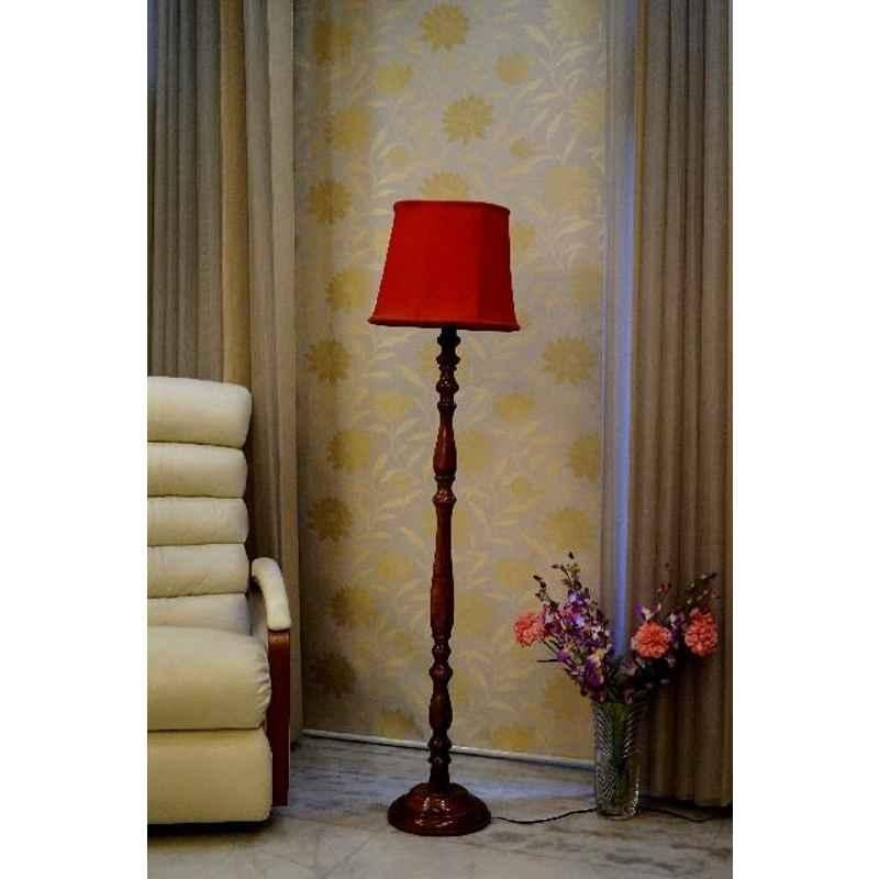 Tucasa Royal Brown Mango Wood Floor Lamp with Red Cylindrical Polycotton Shade, WF-103
