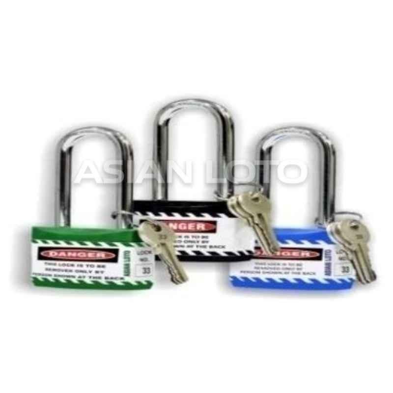 Asian Loto 3 Pcs Metal & Plastic Green, Blue & Black Long Shackle Jacket Padlock Set with 3 Keys, ALC-LPL