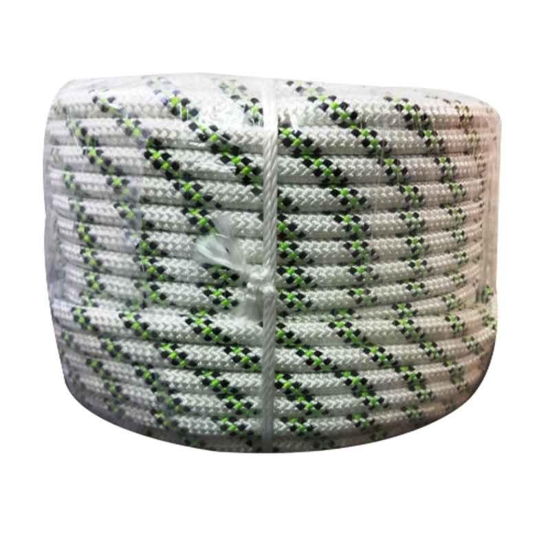 Grip 10.5mm 3 Strands Braided Nylon Black, Green & White Climbing Rope with One Side Thimble, Length: 100 m