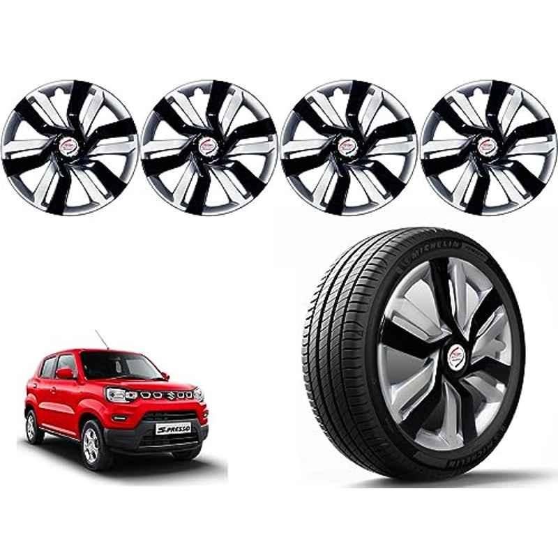 Auto Pearl 4 Pcs 14 inch Polypropylene Black & Silver Press Type Car Wheel Cover Set with Retention Ring for Maruti Suzuki S Presso, 14WC_Idtec_Rev_S_Presso