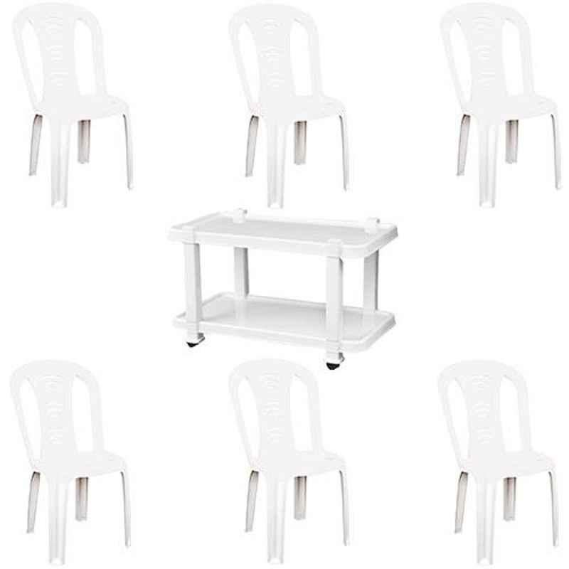 Italica 6 Pcs Polypropylene White Without Arm Chair & White Table with Wheels Set, 9306-6/9509
