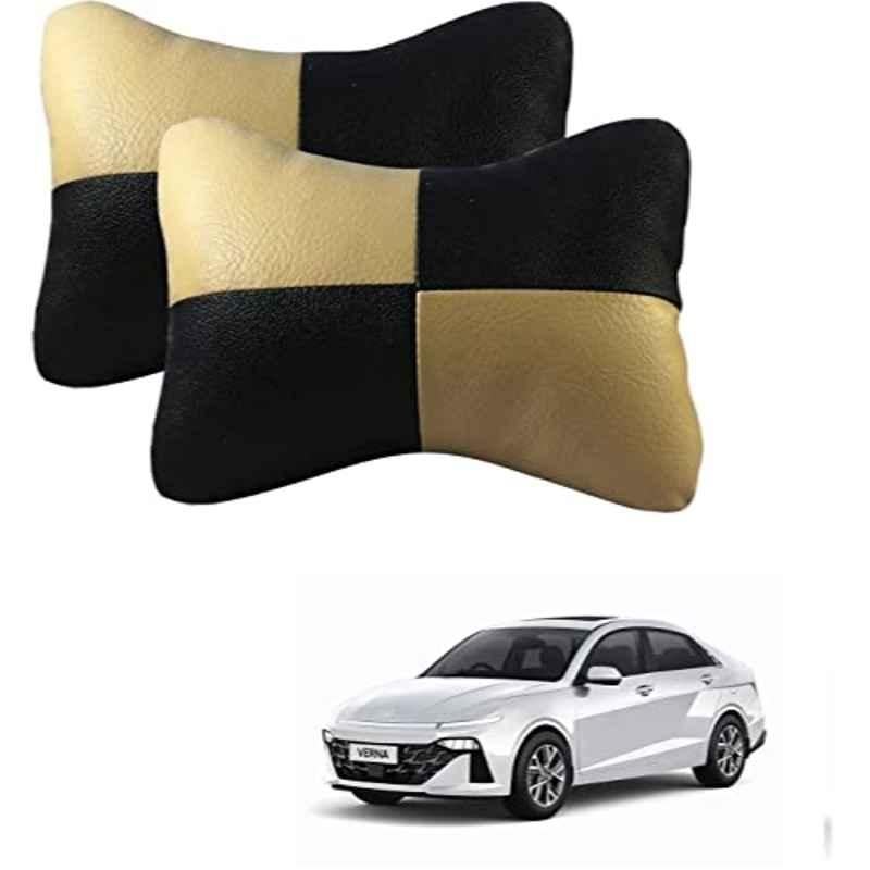 Kozdiko 2 Pcs Memory Foam Beige & Black Seat Neck Rest Pillow Set for Hyundai New Verna 2023-Present
