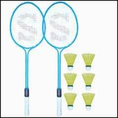 STYRKR Alloy Steel Blue Badminton Racquet Set of 2 Steel Frame with Shuttlecock 6 25 Badminton Kit