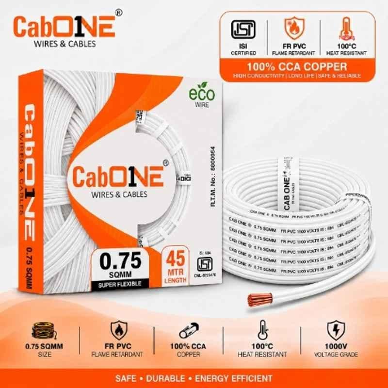CabONE Lite 0.75 Sqmm White Single Core FR PVC Insulated CCA Copper Electrical Wire, Length: 45 m