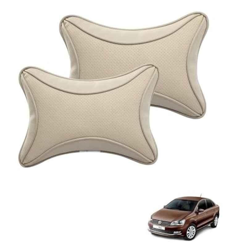 Kozdiko 2 Pcs Memory Foam & Polyester Beige Dots Car Neck Rest Pillow Set for Volkswagen Vento, XNVJVHGJFH259