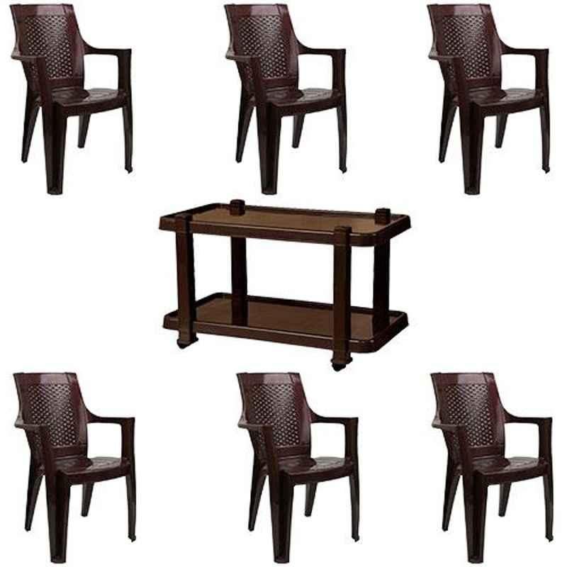 Italica 6 Pcs Polypropylene Weather Brown Premium Arm Chair & Nut Brown Table with Wheels Set, 9006-6/9509