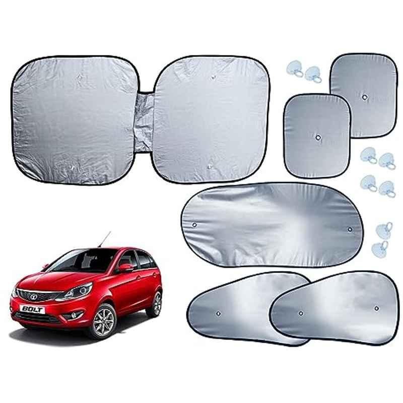 Auto Pearl 6 Pcs Polyester Black & Silver Window, Front & Rear Sun Shade Set for Tata Bolt XB, XE & XM