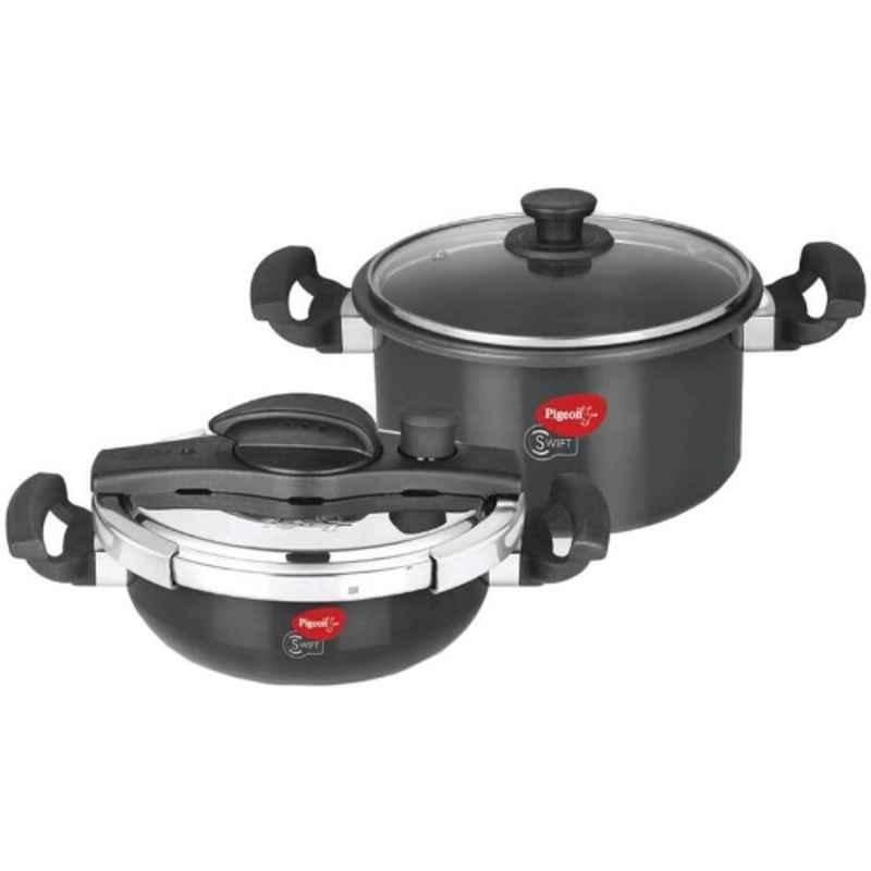 Pigeon Swift Junior 2 Pcs 4L & 2L Aluminium Induction Bottom Hard Anodized Pressure Cooker Set with Outer Lid, 12783