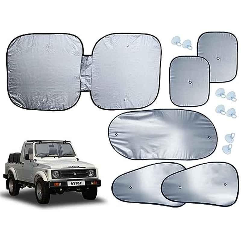 Auto Pearl 6 Pcs Polyester Black & Silver Window, Front & Rear Sun Shade Set for Maruti Suzuki Gypsy MG 410