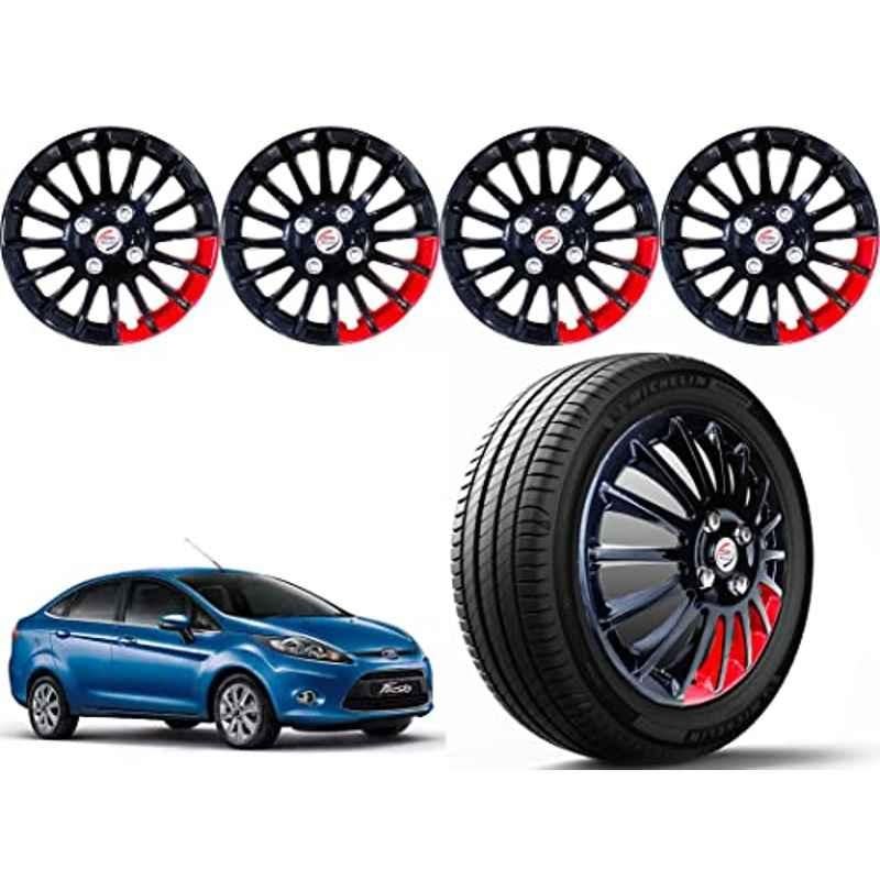 Auto Pearl 4 Pcs 14 inch Polypropylene Black & Red Press Type Car Wheel Cover Set with Retention Ring for Ford Fiesta 2013 Onwards