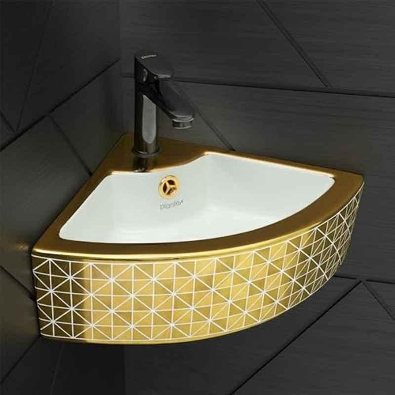 Plantex 18x13x5 inch Ceramic Corner Basin/Wall Mount Washbasin for Bathroom/Small Corner Vessel Sink/Tabletop Wash Basin