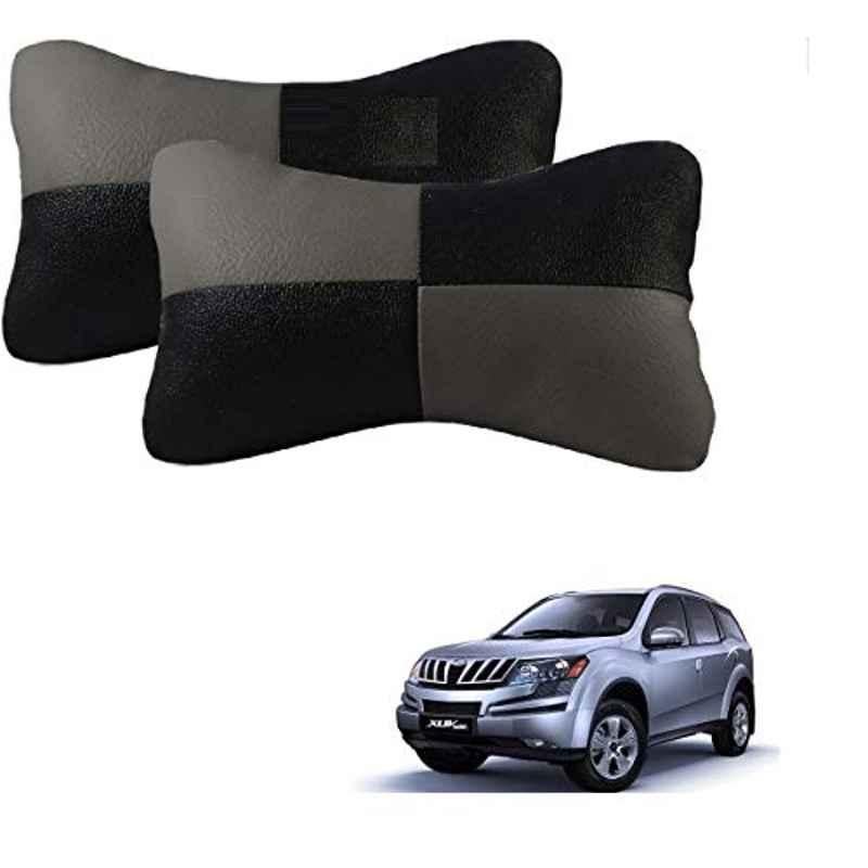 Kozdiko 2 Pcs Leather Grey & Black Neck Rest Car Cushion Pillow Set for Mahindra XUV 500