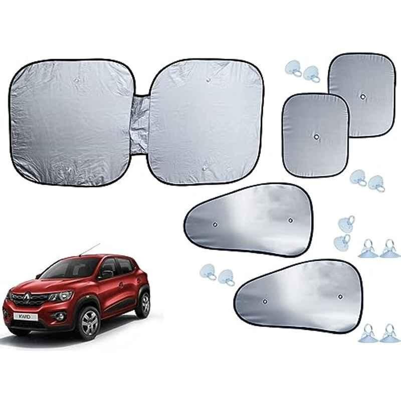 Auto Pearl 5 Pcs Polyester Black & Silver Window & Front Sun Shade Set for Renault Kwid
