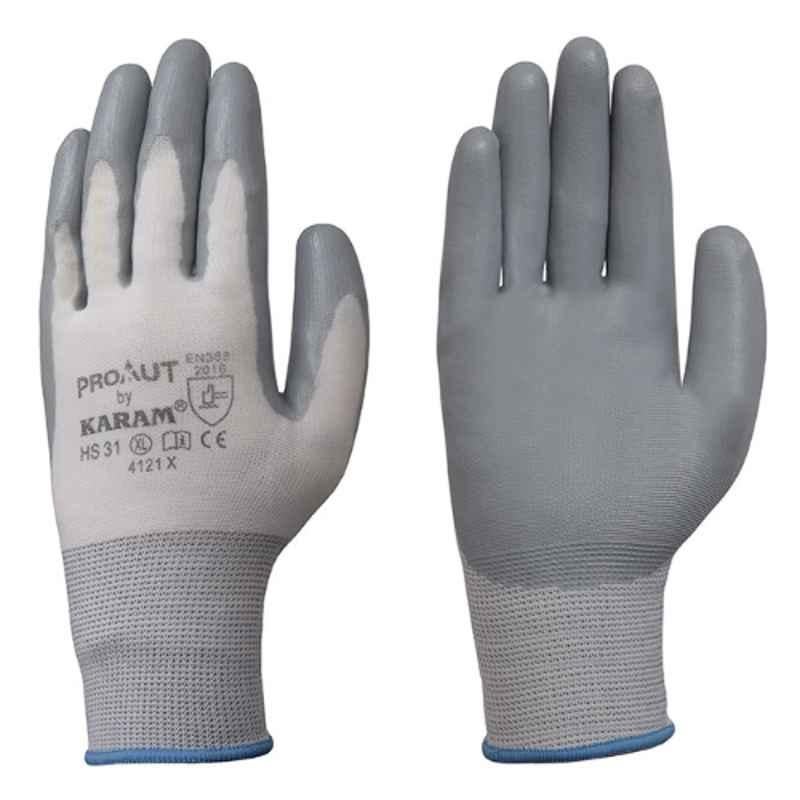 Karam HS31 White Polyester Liner Gloves with Grey Nitrile Coating Size: L