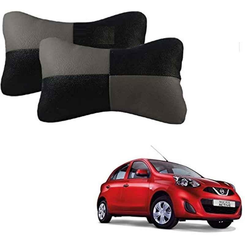 Kozdiko 2 Pcs Leather Grey & Black Neck Rest Car Cushion Pillow Set for Nissan Micra Active