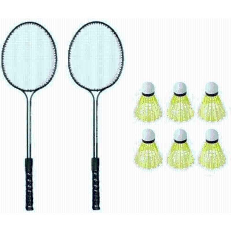 STYRKR Multicolour 2 Double Shaft Racquet with 6 pc Nylon Shuttle Badminton Kit Branded Badminton Kit