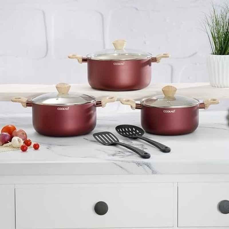 Cookaid 8 Pcs 2.8,3.9 & 4.8 Litre Aluminium Metallic Cherry Non Stick PTFE Coated Casserole Cookware Set with Glass Lid & 2 Pcs Nylon Tool, CKD-NS-CS3-17