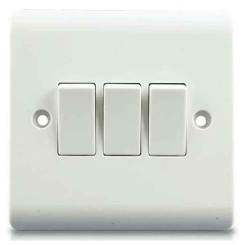 Micron 10A 3 Gang 2 Way Bakelite White Plate Switch, MME0206