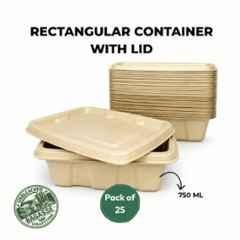 Eco Aaroyaa 750ml Bagasse Rectangular Disposable Container with Lid (Pack of 25)