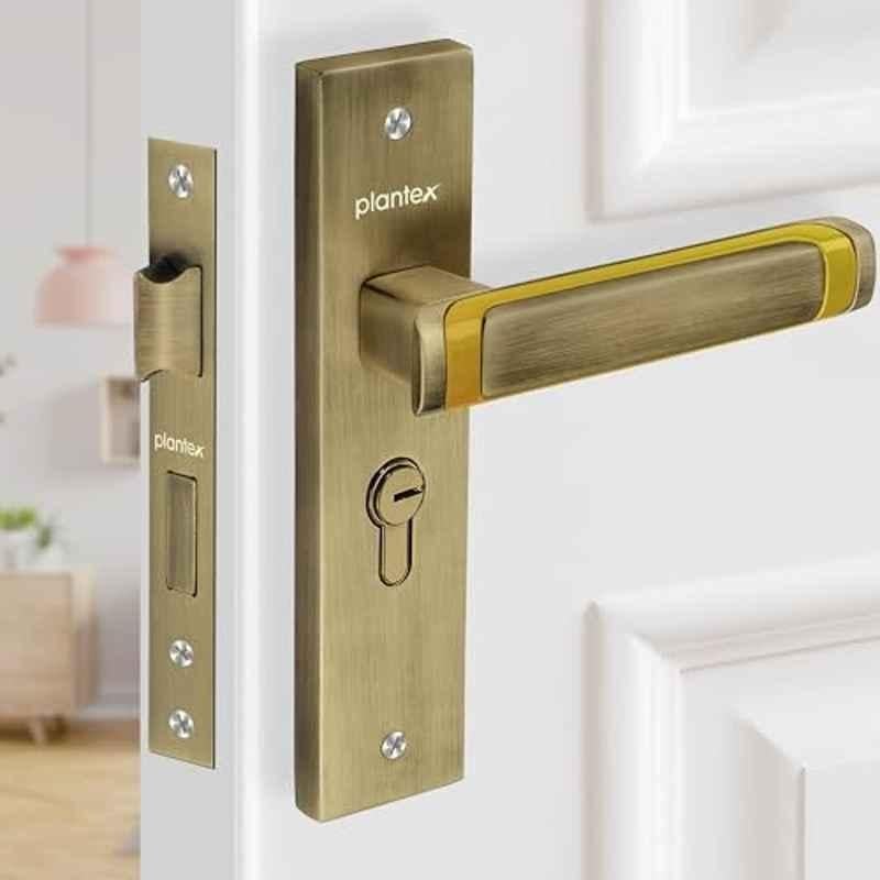 Plantex Heavy-Duty Door Lock Set Main Door Lock Handle Set/Mortise Lock with 3 Keys, Brass Lock Body & Cylinder 8127 Antique Brass & PVD Gold