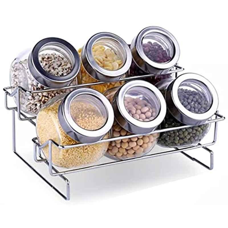 Rubik 12 Pcs Stainless Steel & Plastic Silver Spice Jar with Round Rack Holder Set
